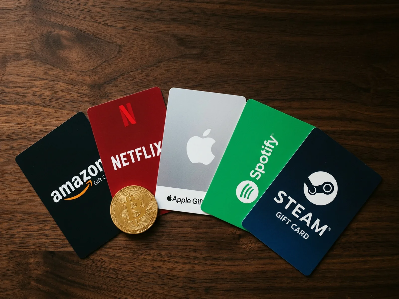 Amazon, Netflix, Apple, Spotify and Steam gift cards fanned on dark walnut wood with a Bitcoin coin